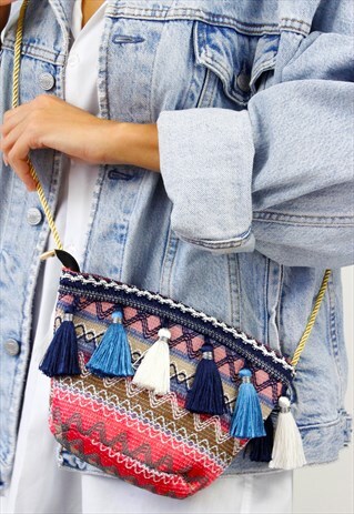 BLUE PRINT WOVEN TASSEL ROUND BAG