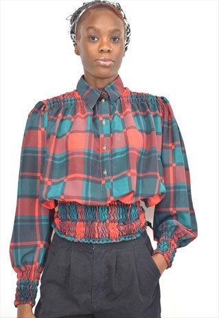 VINTAGE 90S RED GREEN TARTAN ELASTIC SHIRT TOP