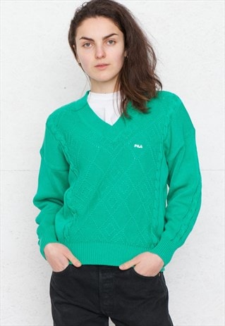 VINTAGE GREEN FILA V-NECK KNIT JUMPER SWEATER