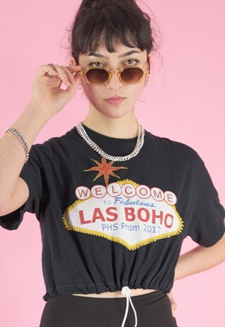 REWORKED CROP TOP IN BLUE WITH LAS BOHO 2017 PRINT