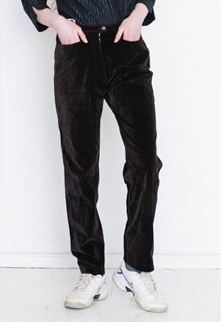 VINTAGE DARK BROWN VELVET HIGH WAIST RETRO TROUSERS