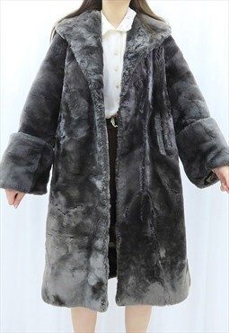 80s Vintage Grey Faux Fur Coat Jacket (Size L-XL)