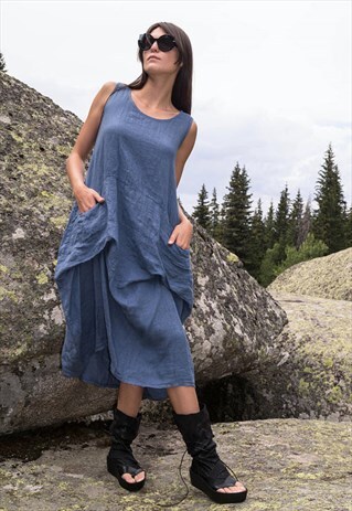 LINEN DRESS TUNIC LOOSE CASUAL TOP SUMMER DRESS F1723