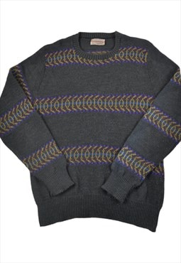 Vintage Knitted Jumper Retro Pattern Grey Medium
