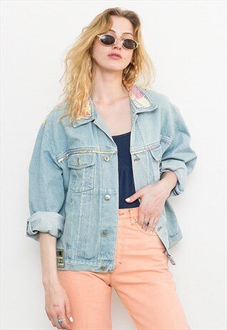 BLUE WASHED OUT MIDI WOMEN'S DENIM JACKET WITH PATTERN