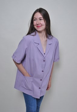 Minimalist purple blouse, embroidered sleeves button up 