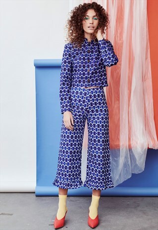 OCEAN BLUE PRINT FRILL HEM CULOTTE CO-ORD SUIT