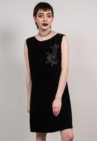 VINTAGE 90'S BLACK VELVET GLITTER ROSE PRINT DRESS