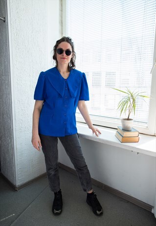 VINTAGE 70'S ROYAL BLUE PUFF SLEEVED BIG COLLAR BLOUSE