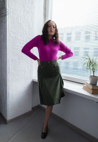 VINTAGE 70'S KHAKI WOOL HIGH WAISTED MIDI SKIRT