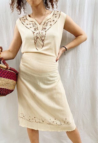 VINTAGE 80S MILKMAID BOHO ETHNIC EMBROIDERED DRESS CREAM