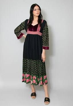 70's Ladies Vintage Black Hippy Floral Velvet Midi Dress