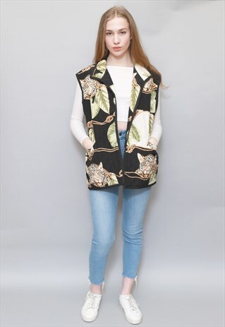 VINTAGE 1980'S BLACK JUNGLE PRINT QUILTED FESTIVAL GILET