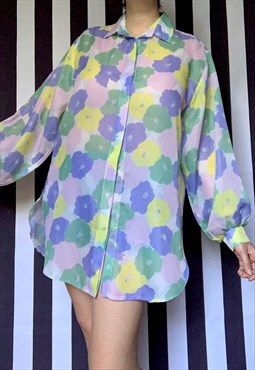 Vintage 80s oversized sheer floral blouse, tunic, top, UK18 