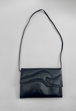 80's Dark Blue Leather Vintage Clutch Shoulder Bag