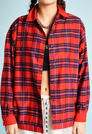 90'S RETRO TARTAN CHECKED OVERSIZED SHIRT TOP