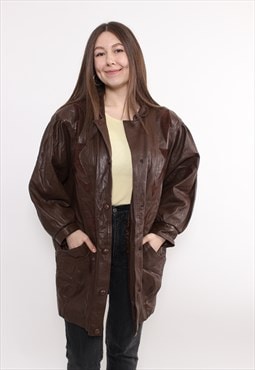 80s brown leather trench coat, vintage woman patchwork parka