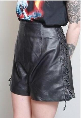 VINTAGE 1980'S BLACK HIGH WAISTED LEATHER LACED SHORTS