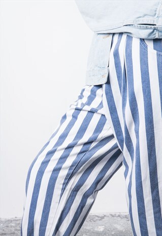 VINTAGE 1990S BLUE AND WHITE STRIPED HIGH-WAISTED TROUSERS