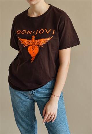 VINTAGE Y2K RELAXED FIT BON JOVI COTTON T-SHIRT IN BROWN M