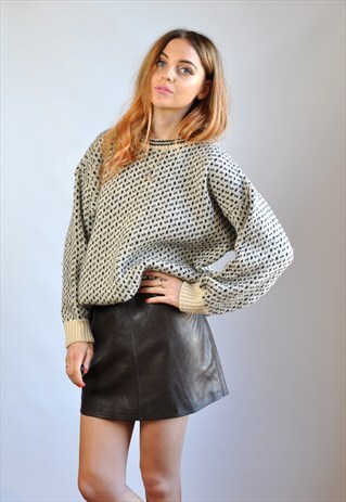 VINTAGE BLACK & WHITE KNITTED GRANDAD FAIR ISLE JUMPER