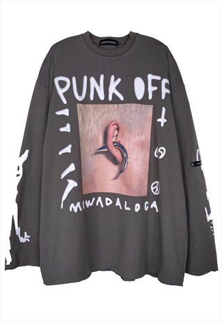 GRAFFITI PUNK SLOGAN KAWAII GUY PRINT LONG SLEEVE T-SHIRT