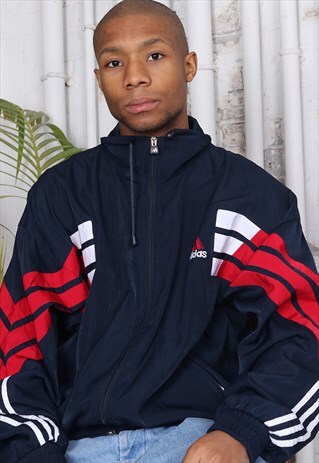 VINTAGE ADIDAS BIG LOGO THREE STRIPE TRACK JACKET NAVY BLUE