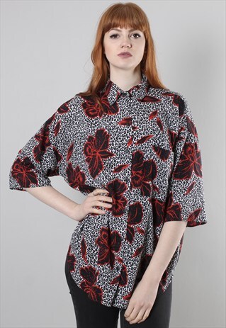 VINTAGE 80S FLORAL PATTERNED OVERSIZE SHORT SLEEVE SHIRT