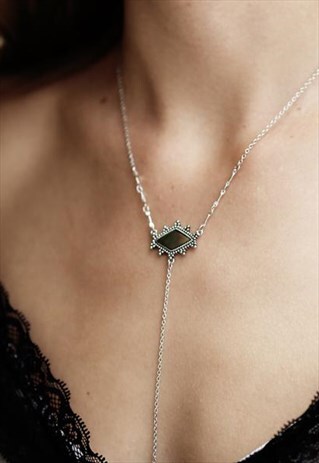 KISS OF DEATH LARIAT NECKLACE BLACK PEARL & SILVER