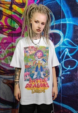 Dragon girl print t-shirt Anime tee graffiti retro top white