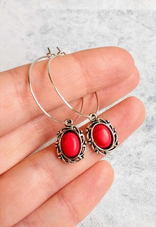 ANTIQUE-STYLE RED STONE HOOP EARRINGS