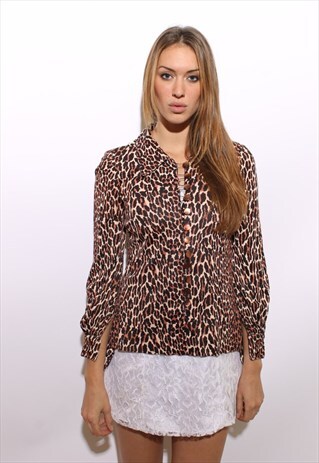 VINTAGE 1960'S 60'S LEOPARD ANIMAL PRINT BUTTON BLOUSE S-M