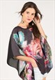 OVERSIZED KAFTAN STYLE TOP WITH FLORAL PRINT IN BLACK