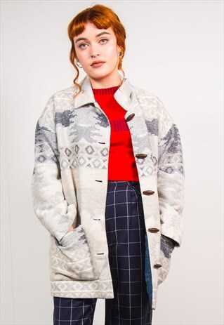 VINTAGE 90'S GREY AZTEC PATTERN COAT JACKET
