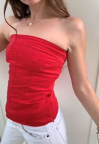 VINTAGE Y2K 00S CORSET SEXY BANDEAU TOP BLOUSE RED
