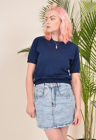 VINTAGE 80S LIGHTWEIGHT KNITTED T-SHIRT BLUE
