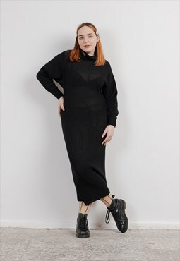Vintage 90s High Neck Black Knit Batwing Sleeve Dress L