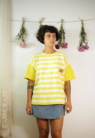 80'S YELLOW & WHITE STRIPES LOOSE FIT TEE BOAT EMBROIDERIES