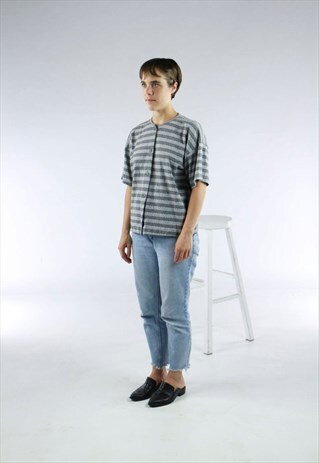 BUTTON UP GREY SWEATER / STRIPPED SHORT SLEEVE CARDIGAN