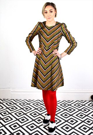 VINTAGE 60'S JAPANESE STRIPE PRINT MIDI MOD DRESS