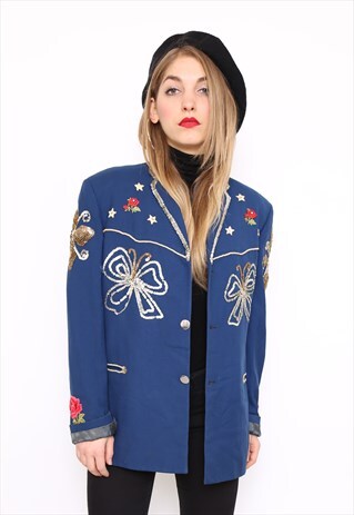 VINTAGE 80S NAVY EMBELLISHED SEQUIN BLAZER JACKET