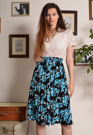 VINTAGE 80S FLORAL ELASTICATED WAIST MIDI SKIRT IN BLUE