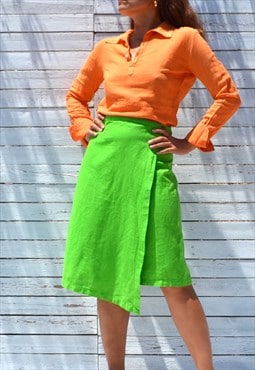 Green linen/cotton midi high waist skirt.