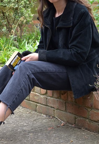 1990S VINTAGE SUEDE LEATHER BLACK FAUX FUR COLLAR JACKET