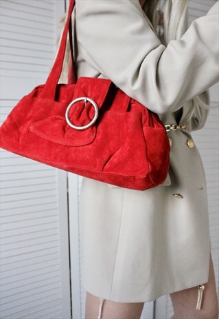 VINTAGE 90S RED SUEDE HANDBAG WITH SILVER BUCKLE