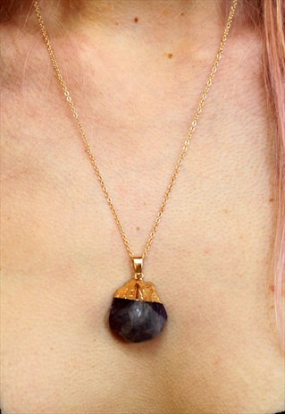 SEMI PRECISOUS DARK AMETHYST CRYSTAL GOLD CHAIN NECKLACE