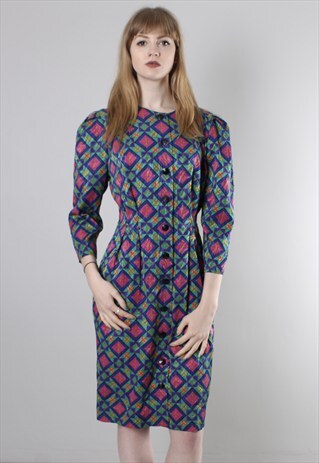 VINTAGE 80S SATIN GEOMETRIC PATTERNED LONG SLEEVE DRESS