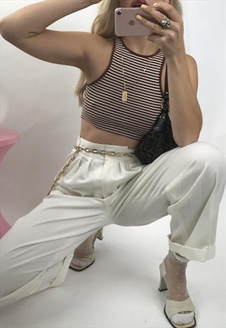 VINTAGE TRUE 1970S WHITE TAPERED HIGHWAISTED TROUSERS