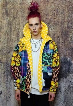 Tartan hood jacket reversible fleece emoji bomber in yellow