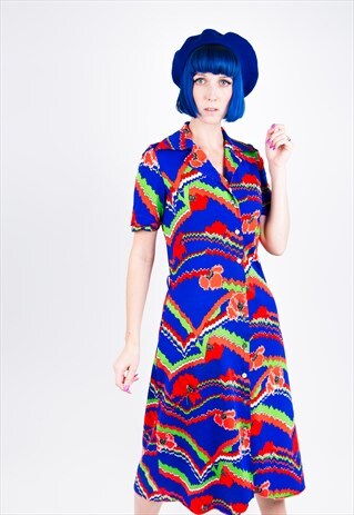 1960S BLUE AND RED PRINT MIDI DRESS SIZE 8